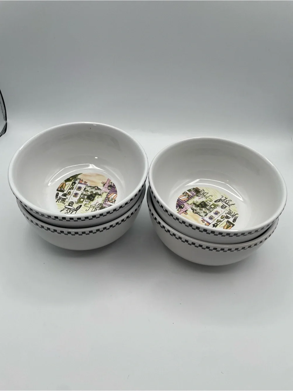 Set of 4 Bistro Cafe Scene Soup Bowls  6” Wide Black Check Border Ceramic